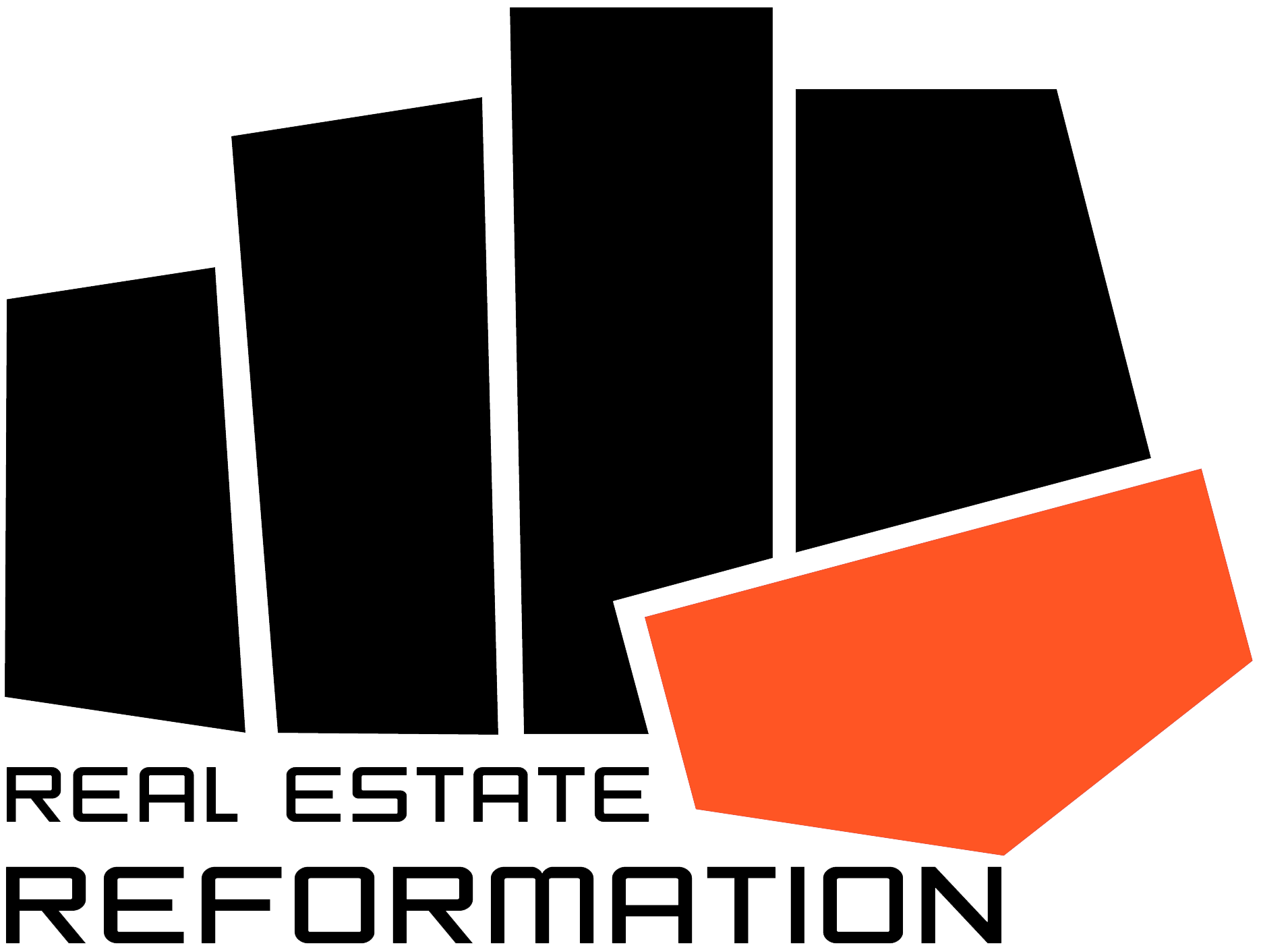 Logo of Real Estate Reformation featuring stylized black skyscrapers with a orange protective shield at the base.