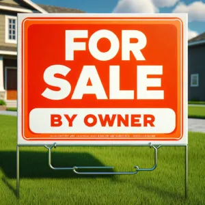 A vibrant orange 'For Sale By Owner' sign on a lush green lawn in front of a suburban home, signifying a property on the market without a real estate agent.