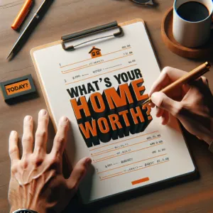 A person’s hands are shown writing on a notepad with the bold question 'What’s your home worth?' highlighted in orange, with a pen, a coffee cup, and a 'TODAY?' placard on a wooden desk.
