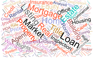 A colorful word cloud featuring a variety of terms associated with real estate, such as 'Mortgage', 'Equity', 'Closing', 'Broker', and 'Foreclosure', arranged in a dynamic, abstract pattern.